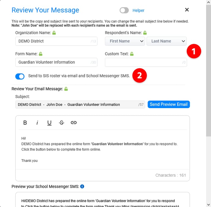 Screenshot of the top portion of the Review Your Message window.